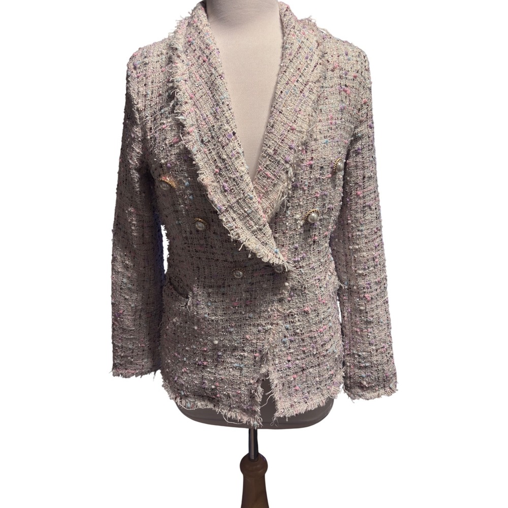 Fanco Tweed Blazer Women‎ Medium Pink Multi Excellent Pearl Button Frayed Bouclé